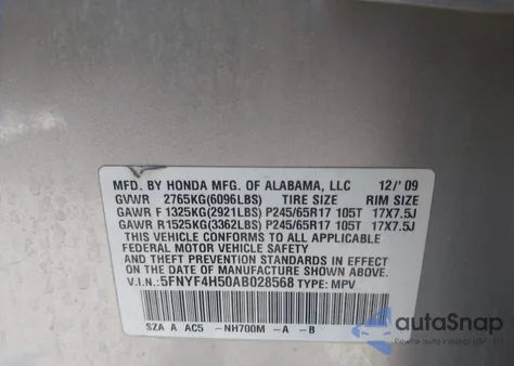 2010 Honda Pilot Ex-L z USA, uszkodzony, nr VIN 5FNYF4H50AB028568